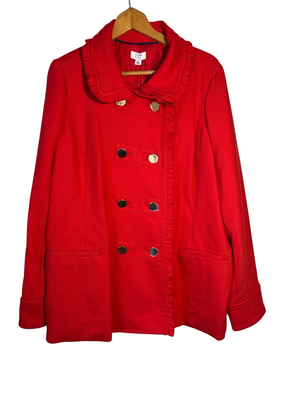Crown & Ivy Cherry Red Pea Coat Jacket Dbl Breasted Size XXL Ruffles Peplum NWT